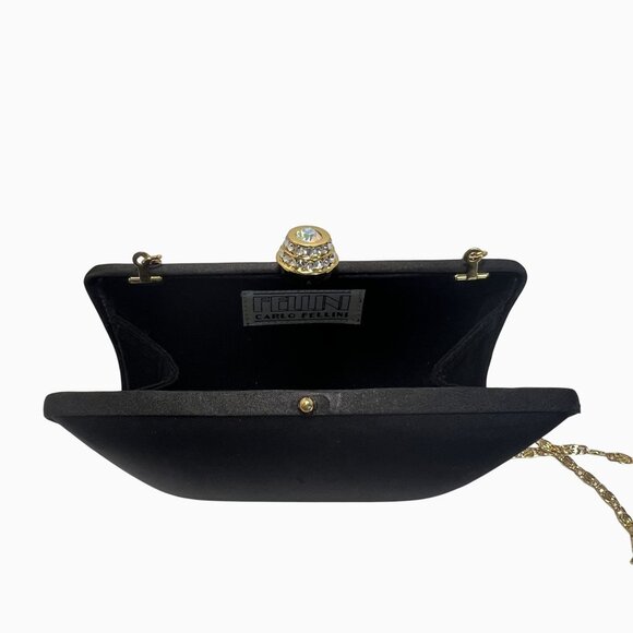 Rhinestone Clasp Classic Preppy Black Satin Clutch Purse Gold X Body Chain Strap - Picture 9 of 12